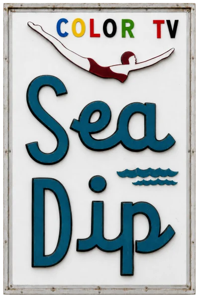 Vintage Sea Dip sign with diving swimmer and Color TV lettering